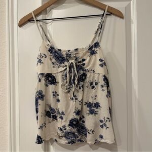 American Eagle Y2K Floral Baby Doll Style Tank Top Blue White Cut Out Tie